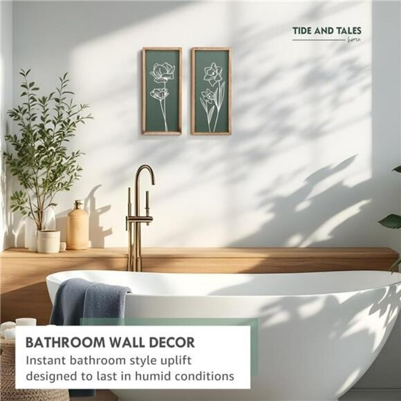 Sage Green 3D Floral Wall Art Set Boho Farmhouse Framed Decor for Bathroom - Picture 4 of 7